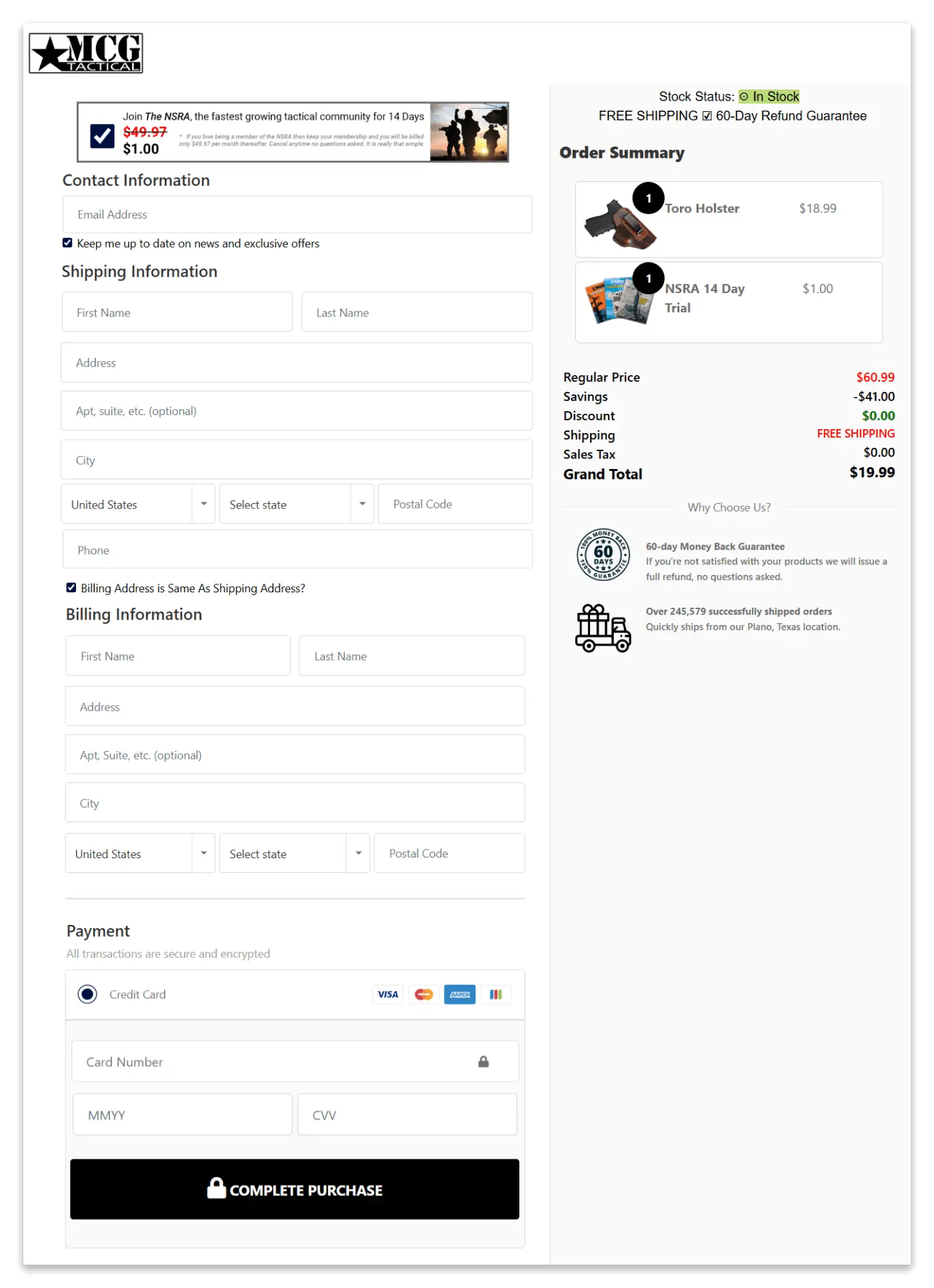 Toro Holster Secure Checkout Page